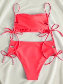 SHEIN Swim 無鋼圈綁帶純色露背比基尼套裝,分體式底部,游泳服 - 西瓜粉 - 查看 2