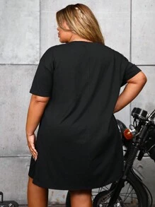 SHEIN CURVE+ 加大碼標語印花圓領連衣裙 - 黑色 - 查看 2