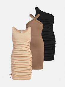 SHEIN Girlism Tween 女童针织纯色褶皱连衣裙套装 3 件套 - 彩色 - 查看 1