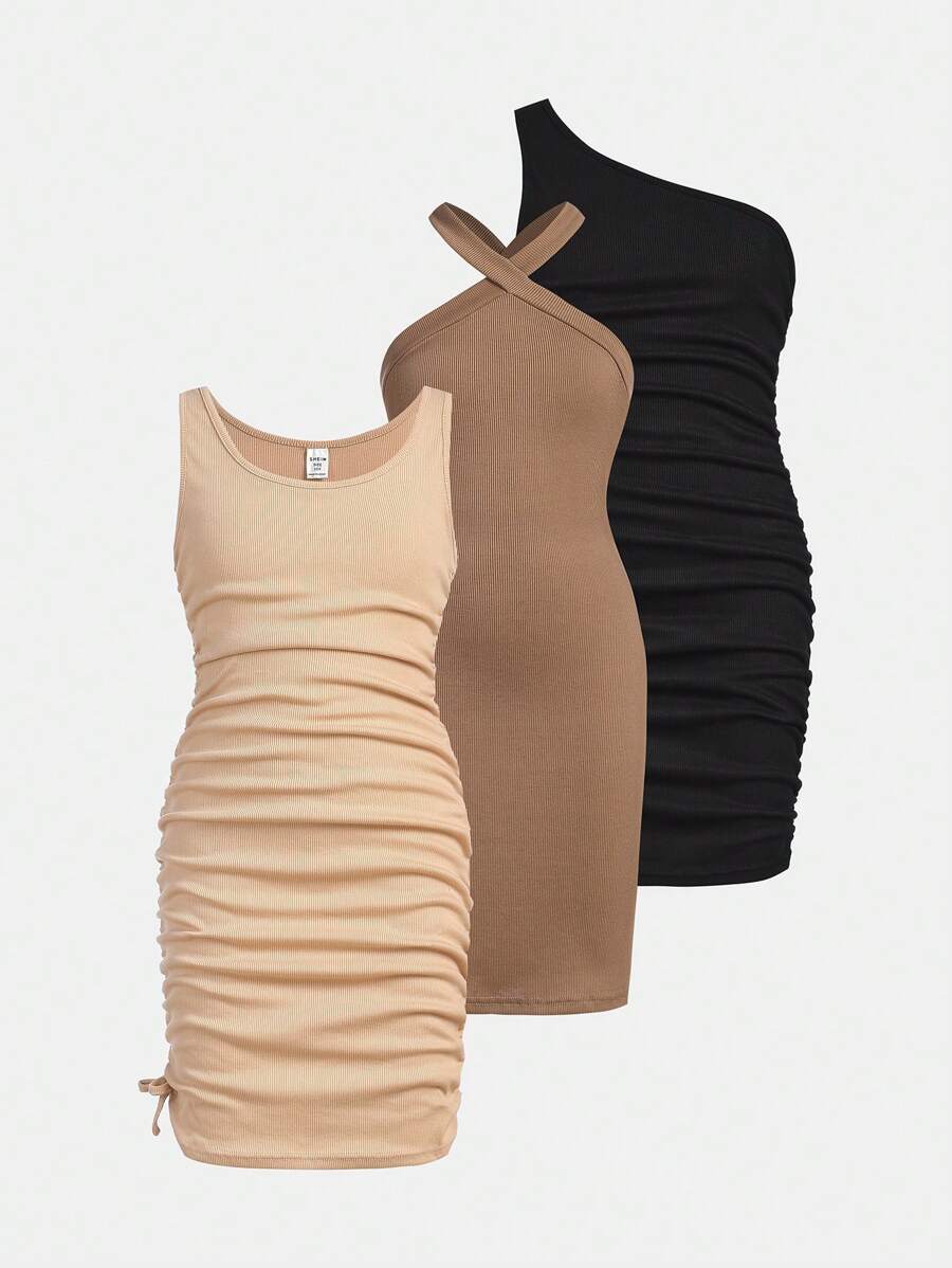 SHEIN Girlism Tween 女童针织纯色褶皱连衣裙套装 3 件套 - 彩色 - 查看 1
