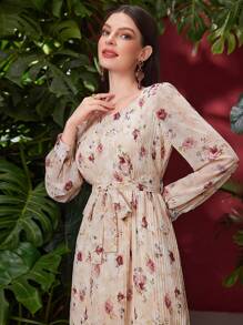 Modelyn Vestido largo de manga larga con estampado floral, vestido de noche largo para mujeres en otoño