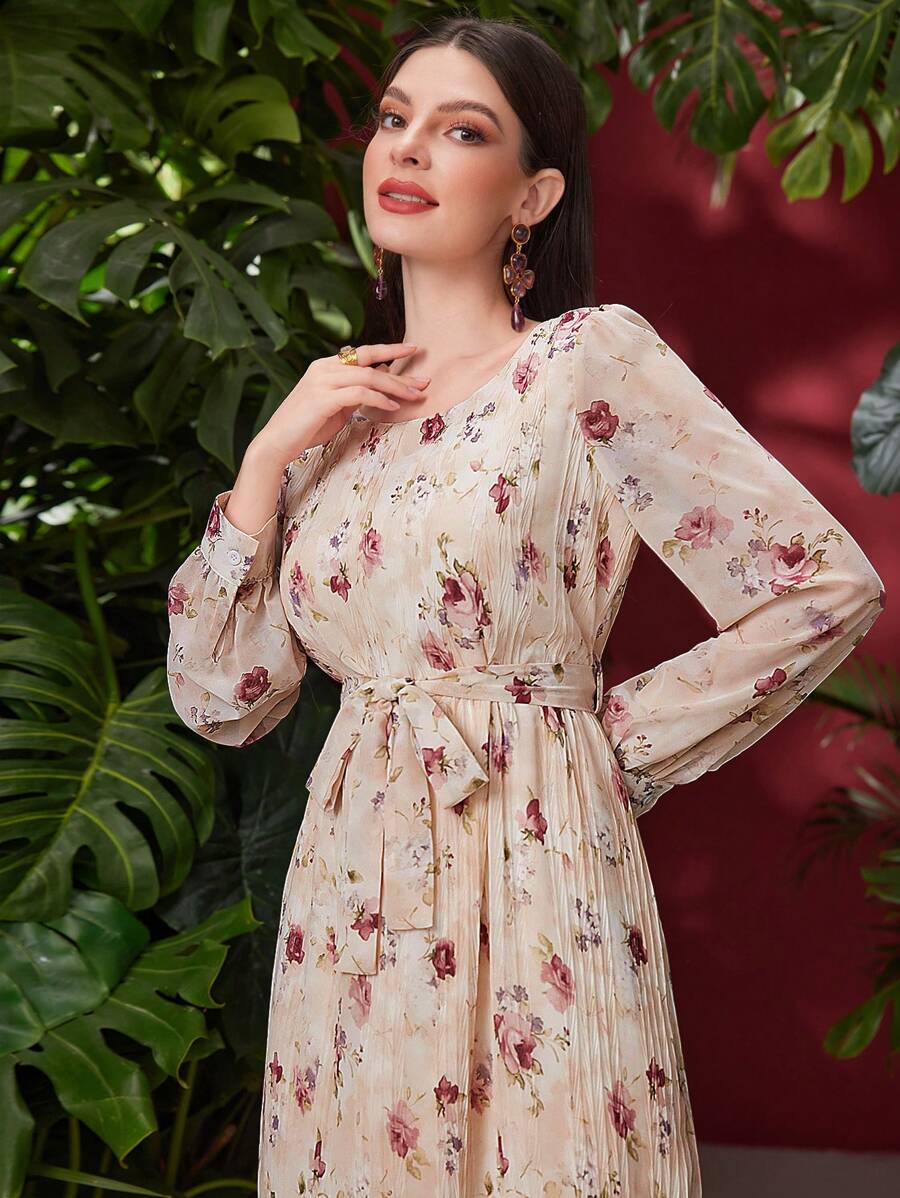Modelyn Vestido largo de manga larga con estampado floral, vestido de noche largo para mujeres en otoño