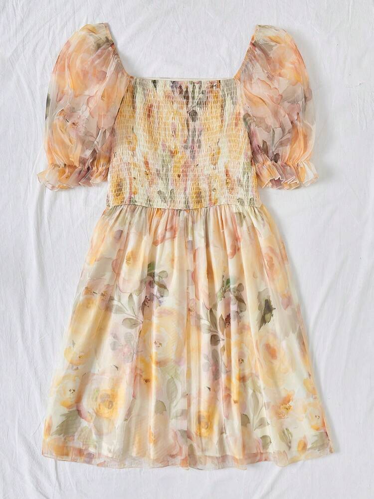 Plus Size Square Neck Puff Short Sleeve Dress With Ruffle Hem