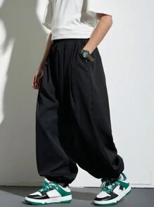 SHEIN 青春期男孩的休閒和假日風格宽松实色慢跑褲,带有斜口袋和袖口 - 黑色 - 查看 4