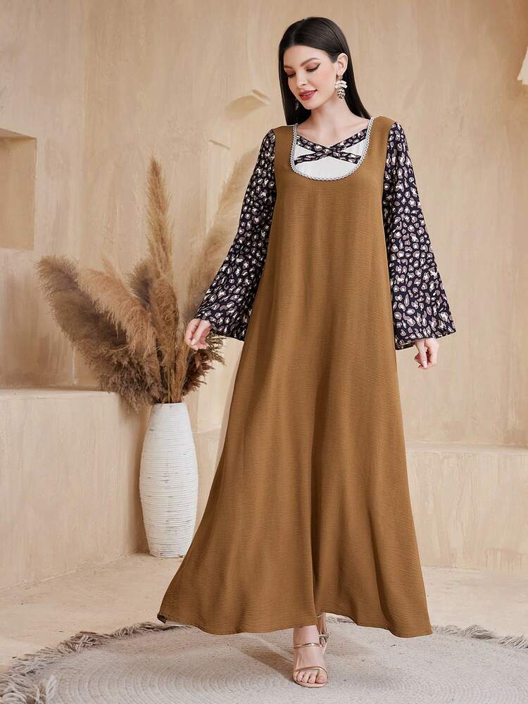 Loose Fit Patchwork Printed Color Blocking Flared Sleeve Dress