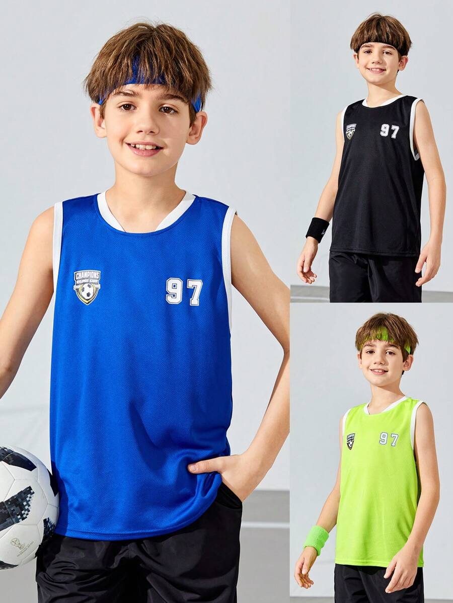 SHEIN Tween Boys' Loose Fit Football Number Pattern Vest Top 3pcs Outfit - Multicolor - View 1