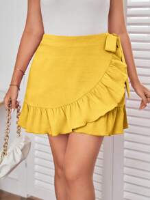 SHEIN Privé Plus Size Solid Color Wrap Style Skirt With Ruffle Hem And Tie Waist - Yellow - View 1