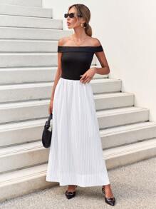 SHEIN Essnce Women's Off Shoulder Splicing Striped Colorblock 2 In 1 Dress - Black and White - View 6