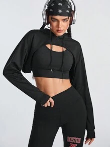 Streetz SHEIN Sport Áo vest màu trơn mùa hè & áo thể thao có mũ ngắn 2 cái/bộ - màu đen - Xem 3