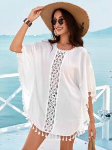 SHEIN VCAY Blusa De Encaje Con Dobladillo De Borlas. Ideal Para Vacaciones - Blanco - Ver 4