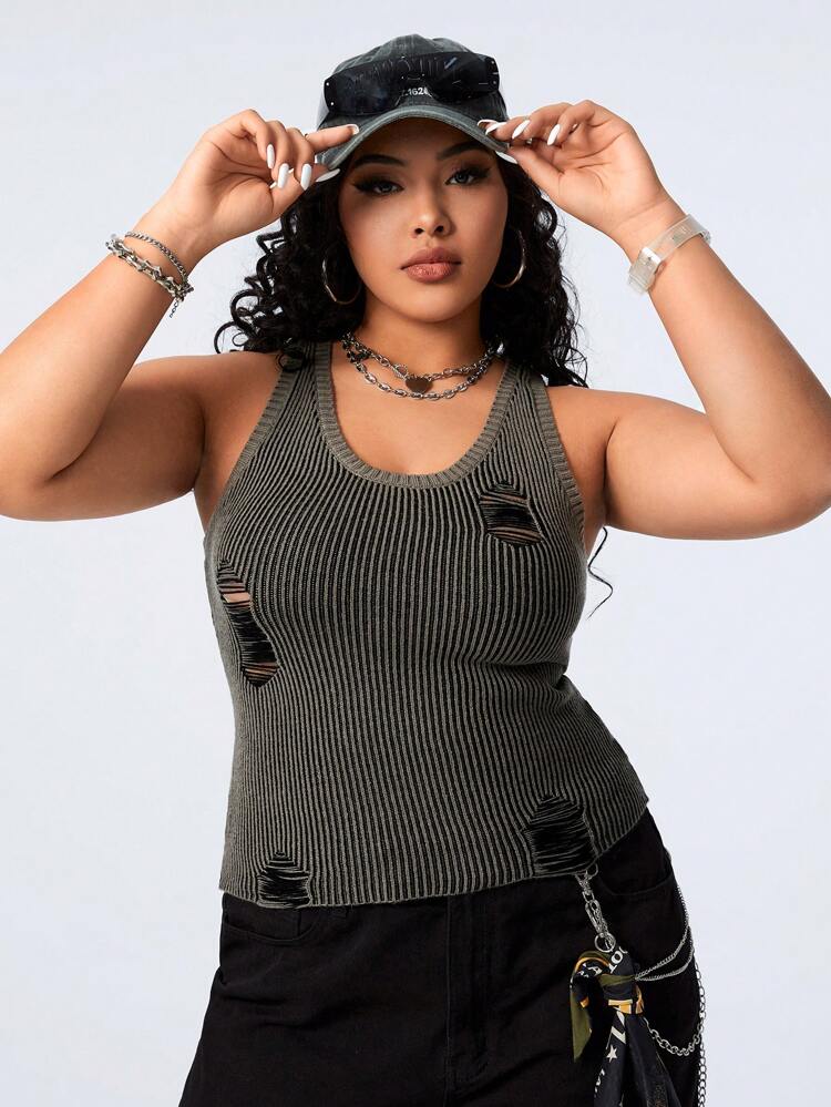 Plus Size Street Style Casual Distressed Washed Ripped Knitted Tank Top