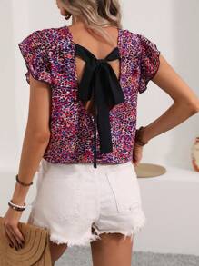 Breezaya Women Blouses Backless Ruffle Tie Back bunga ditsy Boho - Merah dan hitam - View 1