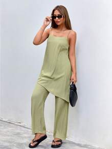 SHEIN Essnce Solid Color Asymmetrical Hem Camisole Top And Straight Pants Two Pieces Set - Green - View 5