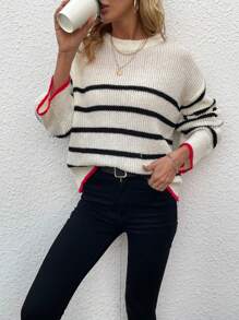 SHEIN LUNE Áo len nữ dáng suông vai, phối màu sọc, thích hợp cho mùa thu đông. - Nhiều màu - Xem 1