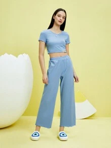 Gudetama X SHEIN Cartoon And Slogan Graphic Lettuce Trim PJ Set - Baby Blue - View 7