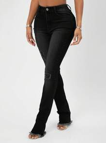SHEIN SXY High Waist Ripped Raw Hem Skinny Jeans - Black - View 5