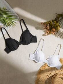 SHEIN Swim Summer Women's Plain Underwire Bikini Top (2 Pieces) - Black and White - View 1