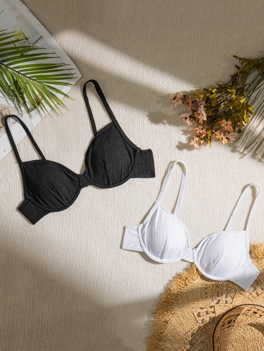 SHEIN Swim Summer Women's Plain Underwire Bikini Top (2 Pieces) - Black and White - View 1