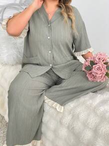 Women's Plus Size Short Sleeve Top And Pants Pajama Set With Color Block Frill Trims - Army Green - View 1