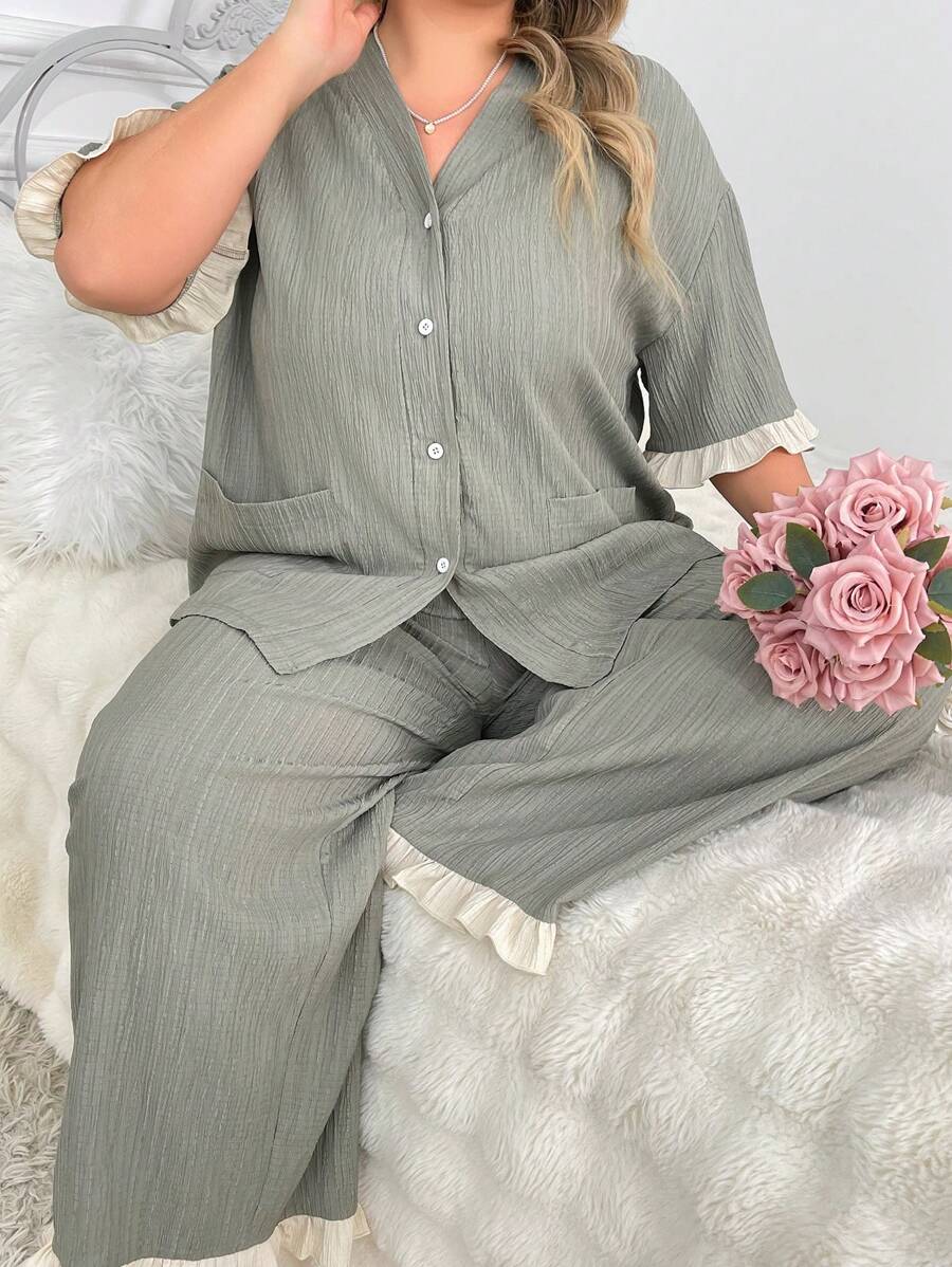 Women's Plus Size Short Sleeve Top And Pants Pajama Set With Color Block Frill Trims - Army Green - View 1