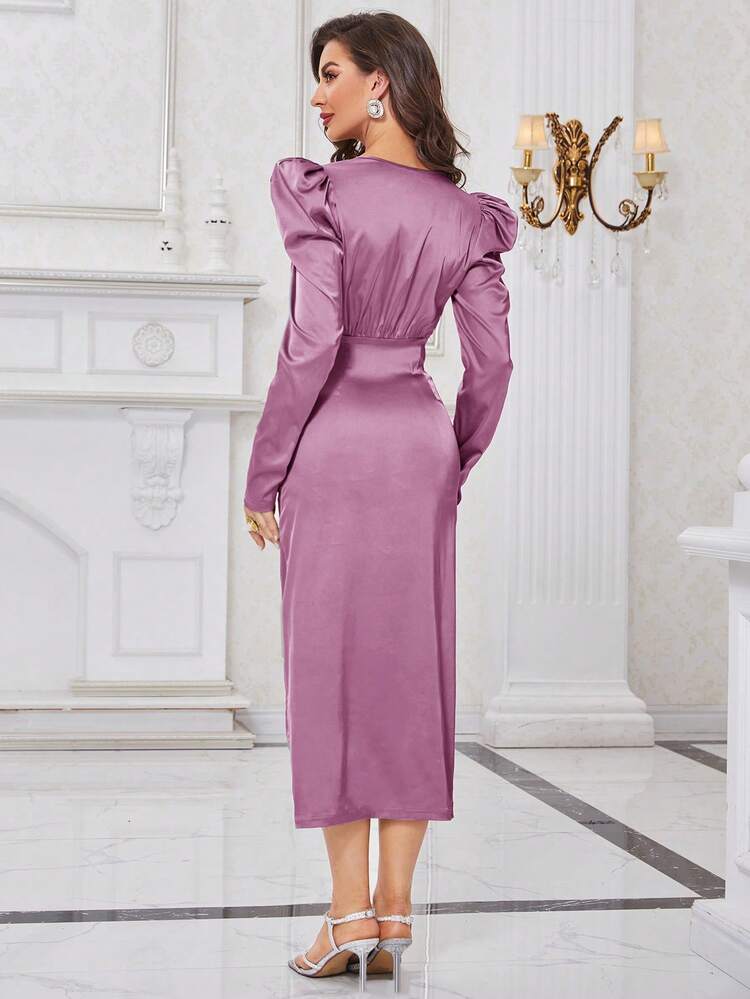 Women's Solid Color Gigot Sleeve Ruched Surplice Neck Satin Dress Long Evening Dresses