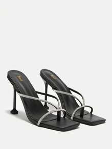 SHEIN Women'S Stylish Black Pointed Toe High Heels With Rhinestone Decor - Black - View 2