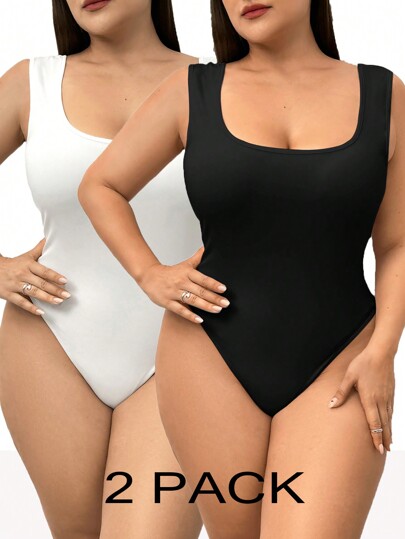 SHEIN Essnce Plus Size Women's New Summer Fashion Casual 2pcs/Set Plus Size Solid Color Tank Bodysuit