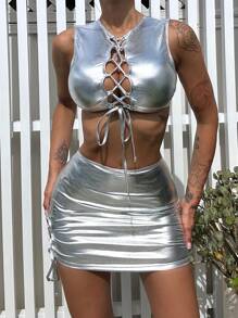 SHEIN Swim Ladies' Silver Coated Bandage Bikini Set Summer - Silver - View 2