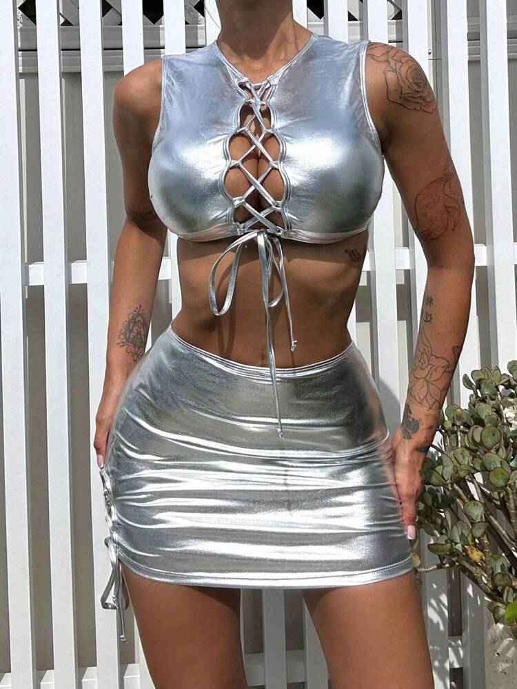 Ladies' Silver Coated Bandage Bikini Set Summer