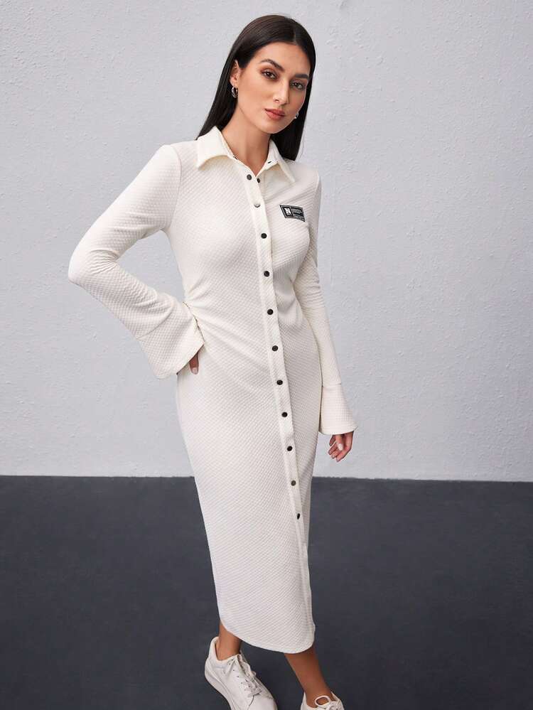 Women'S Solid Color Patch Details Bell Sleeve Dress