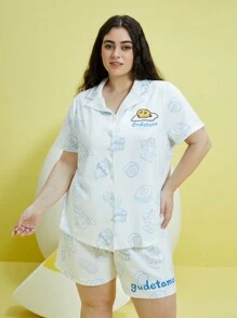 Gudetama X SHEIN Plus Cartoon And Letter Graphic PJ Set - Baby Blue - View 3