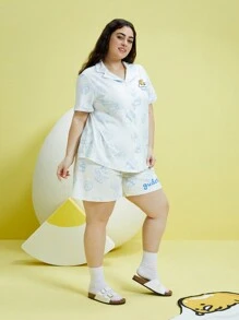 Gudetama X SHEIN Plus Cartoon And Letter Graphic PJ Set - Baby Blue - View 5
