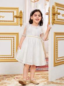 SHEIN Young Girls' Gorgeous Mesh Round Neck Sheer Ruffle Hem Puff Sleeve Dress - White - View 5