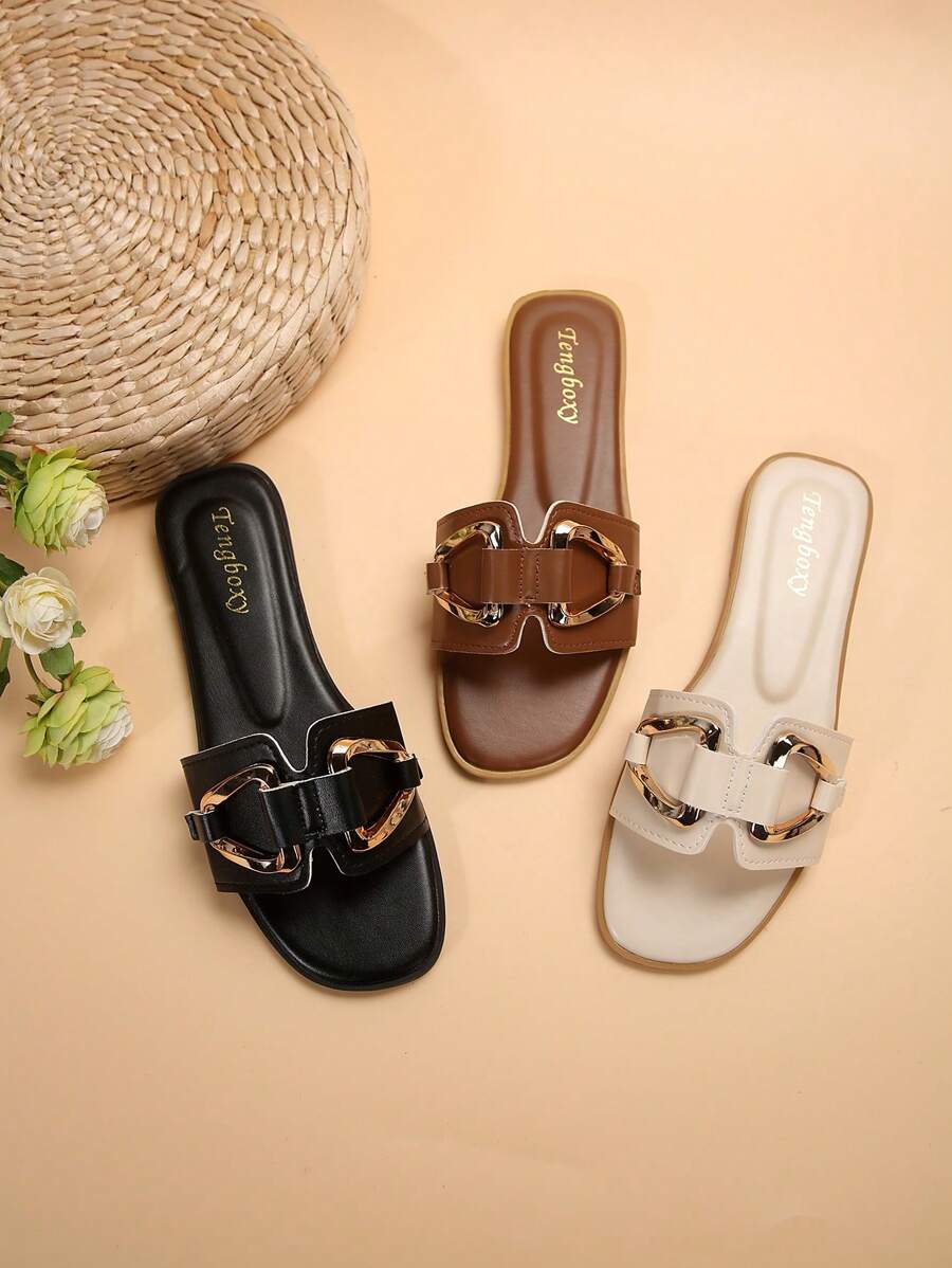 Nuevas sandalias planas con hebilla metálica decorativa para mujer, para uso en interiores/exteriores/playa, antideslizantes, para atuendos de primavera y verano - Marrón - Ver 1