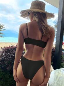 Bonvoyette Summer Beach Women's Solid Color Separated Bikini Set With Adjustable Straps - Black - View 2