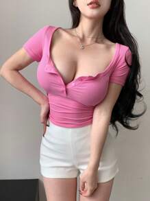 DAZY Ladies' Plain Short-Sleeve T-Shirt With Button Half-Placket Sexy Top Preppy Tops - Hot Pink - View 3