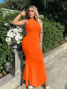 SHEIN SXY Solid Color Ribbed Sleeveless Mermaid Hem Dress - Orange - View 5