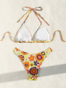 SHEIN Swim 女士花卉印花吊带比基尼套装夏季海滩 - 彩色 - 查看 3