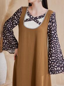 Al Najma Loose Fit Patchwork Printed Color Blocking Flared Sleeve Dress - Brown - View 5