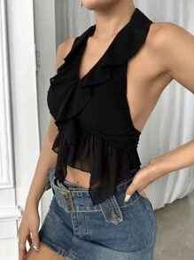 SHEIN Unity Damen-tanktop Mit Gespleißtem Neckholder Und Rüschensaum - Schwarz - Übersicht 3