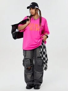 SHEIN EZwear CURVE Kích thước lớn Chữ cái In Thả vai Ngắn tay Áo thun - Màu Hồng Tươi - Xem 5