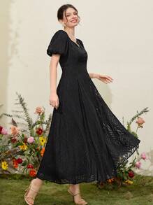 Modelyn Ladies' Solid Color Textured Puff Sleeve Dress With Sweetheart Collar - Black - View 5