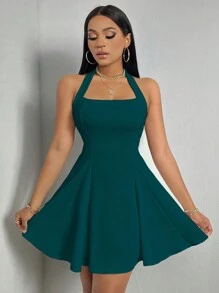 VaVaBold Ladies' Solid Color Halter Neck Dress - Dark Green - View 6