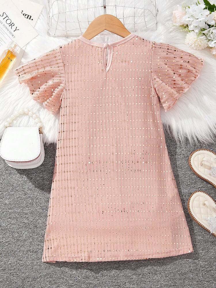 Young Girl A-Line Dress With Ruffled Elastic Sleeves, Inner Lining And Sparkly Decor For Summer