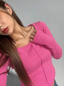 DAZY 女式不对称下摆方领长袖T恤，秋季服装 - 粉色 - 查看 8