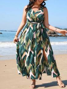 SHEIN VCAY Plus Size Boho Spring/Summer Vacation Tropical Leaf Shoulder Knot High Slit Dress
