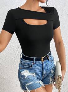 EMERY ROSE Women's Asymmetrical Neckline Hollow Out Short Sleeve T-Shirt - Black - View 1