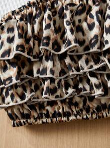 SHEIN Tween 女孩豹纹两件套，包括带可拆卸腰带的荷叶边吊带背心和装饰性口袋罩裙 - 卡其色 - 查看 3