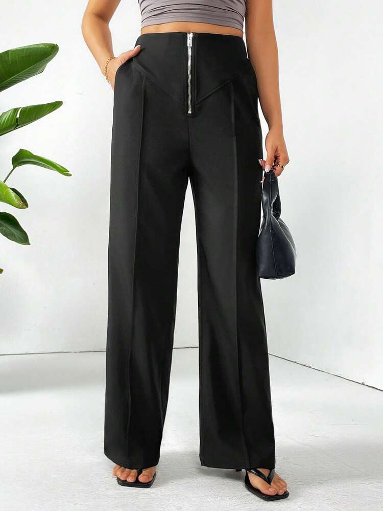 Zipper Closure Straight-Leg Casual Versatile Pants