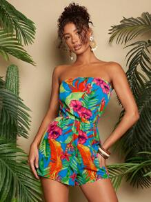 Travachic Women's Vacation Strapless Colorful Flower Pattern Printed Romper, Bohemian Outfits, Ibiza Outfits, Western Style - Multicolor - View 6